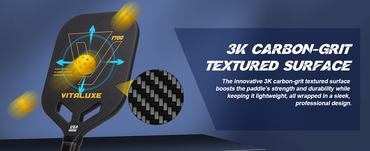 Carbon Fiber Pickleball Paddle, Edgeless T700+3K Textured Carbon Friction Surface，Thermoformed Pickleball Paddle with Aerodynamic Design Used for tournaments, Power & Control & Spin Max